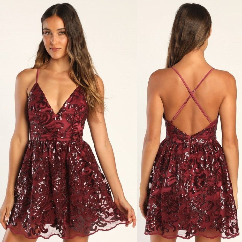 Lulu's‎ Women Wine Red Sequin Skater Mini Dress
